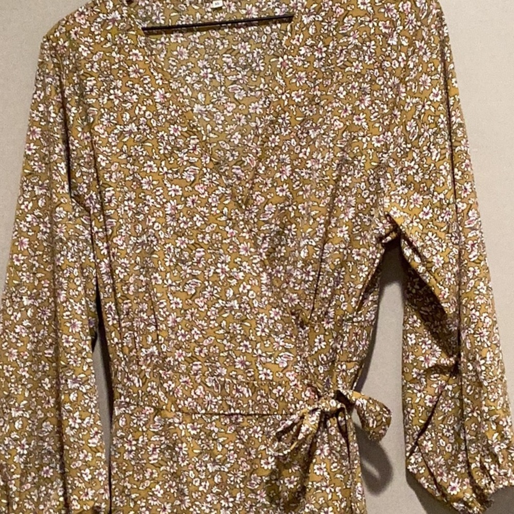 Gold with pink flowers wrap dress